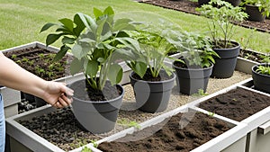 Hand Reaching Towards A Raised Garden Bed With Various Green Plants