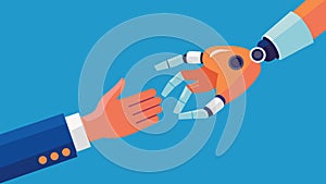 A hand reaching towards a robotic hand demonstrating the humanmachine collaboration and teamwork often found in