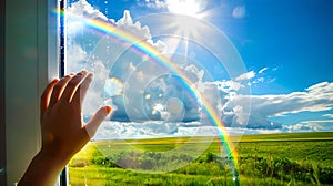 Hand reaching towards a vibrant rainbow outside the window. Sunny day with blue skies and green fields. Conceptualizing