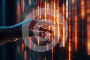 Hand Reaching Towards a Wall of Glowing Digital Code