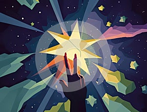 A hand reaching up to a bright star in the night sky reflecting passion and hope. Art concept. AI generation