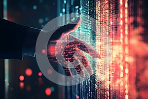 A Hand Reaching Through a Wall of Digital Data