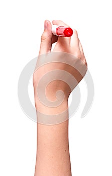 Hand is ready for drawing with red marker Isolated on white