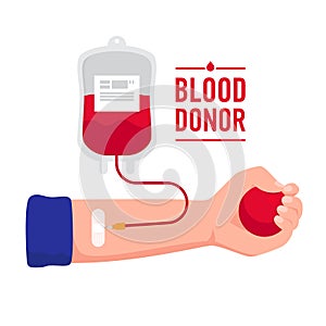 The hand of recipient receiving the Blood transfusion isolated on white background. World Blood Donor Day vector concept