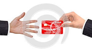 Hand and red card isolated on white