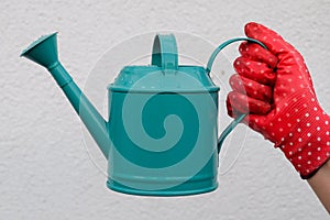 Hand in red garden gloves holding watering can