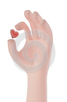 a hand with a red heart in the air, 3d render