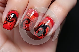 Hand red manicure nails. Generate Ai