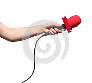 Hand with red microphone isolated