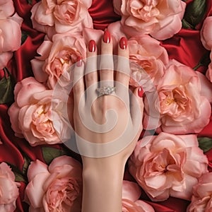 Hand with Red Nail Polish Over Bed of Roses