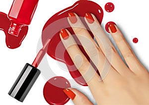 hand on Red nail polish spilled on a white background . Damaged paint stains and drips. Bright red nails spilled and dripping