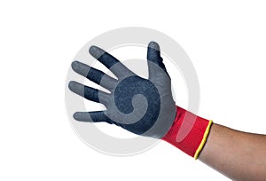 Hand in red rubber glove. Isolated on a white