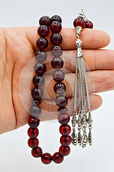 On hand red and silver beads sequenced, short rosary, tespih tesbih