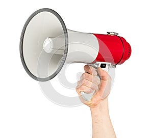 Hand with red white bullhorn megaphone