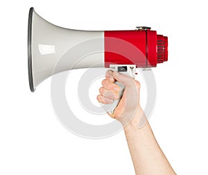 Hand with red white bullhorn megaphone