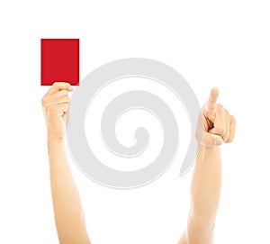 Hand of referee with red card and point the direction