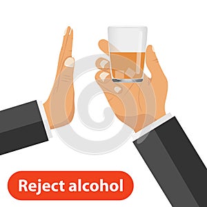 The hand rejects alcohol. One hand holds out a glass with alcohol, the other rejects it. The concept of a sober life.