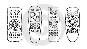 Hand remote control. Multimedia panel with shift buttons. Four types device. Wireless console. Sketch of universal electronic