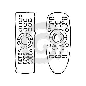 Hand remote control. Multimedia panel with shift buttons. Two types device. Wireless console. Sketch of universal electronic