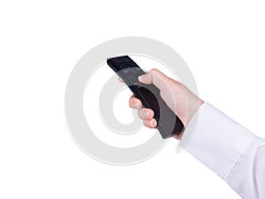 Hand with remote control pointing forward