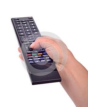 Hand with remote control on white