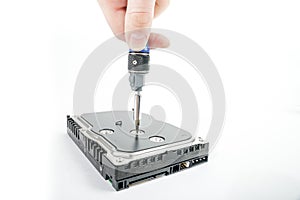 Hand repairman unscrews the 3.5 inch hard drive cover with a screwdriver.