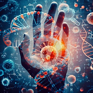 Hand of Researcher biochemical holding Virus with DNA human and formulas chemist around. Generative Ai