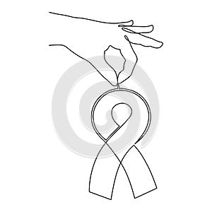 Hand with ribbon, world cancer day concept one-line art,fight against oncological disease hand drawn continuous contour,support