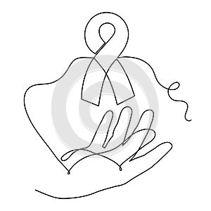 Hand with ribbon, world cancer day concept one-line art,fight against oncological disease hand drawn continuous contour,support