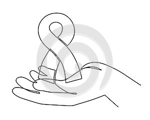 Hand with ribbon, world cancer day concept one-line art,fight against oncological disease hand drawn continuous contour,support