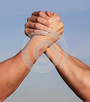 Hand rivalry vs challenge strength comparison. Man hand. Two men arm wrestling. Arms wrestling. Closep up. Friendly