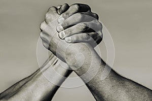 Hand, rivalry, vs, challenge, strength comparison. Two muscular arm. Rivalry concept. Man hand. Two men arm wrestling