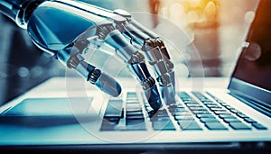 Hand of a Robot Cyborg Using a Laptop Computer - Generative Ai
