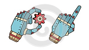 The hand of the robot holds the gear