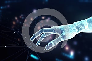 Hand of robot touching big data network connection created with generative AI technology