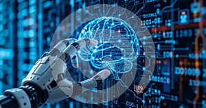 Hand of robot touching on binary data. Futuristic Artificial intelligence