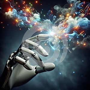 Hand of robot touching on binary data