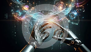 Hand of robot touching on binary data