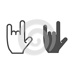 Hand in rock gesture line and glyph icon. Rock and roll sign vector illustration isolated on white. Heavy metal outline