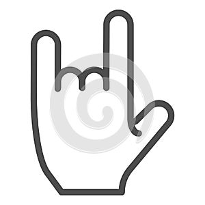 Hand in rock gesture line icon. Rock and roll sign vector illustration isolated on white. Heavy metal outline style