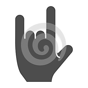 Hand in rock gesture solid icon. Rock and roll sign vector illustration isolated on white. Heavy metal glyph style