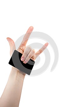 Hand with rock and roll sign holding blank for card, Bank card, isolated on white background, copy space