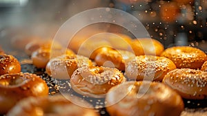 baking homemade bagels, hand-rolled and shaped homemade bagels are boiled and baked until golden perfection is achieved photo