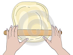 Hand rolling dough with a rolling pin. Realistic drawing. Vector photo
