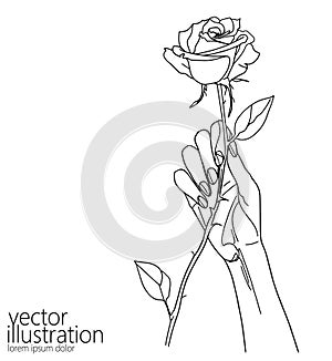 Hand with rose gift single continuous line art. Romantic love date relationship present flower silhouette concept design