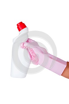 Hand in rubber glove holding plastic bottle of cleaning product isolated on white background