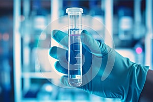 hand in a rubber glove holds a test tube with blue liquid in the laboratory