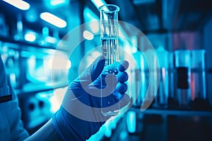 hand in a rubber glove holds a test tube with blue liquid in the laboratory