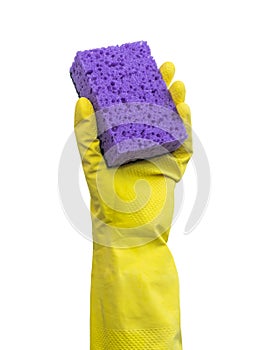 Hand in rubber glove with the kitchen sponge isolated on a white background