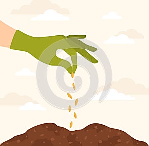 A hand in a rubber glove pouring seeds into a hole in the soil. Sowing plants. Vector illustration